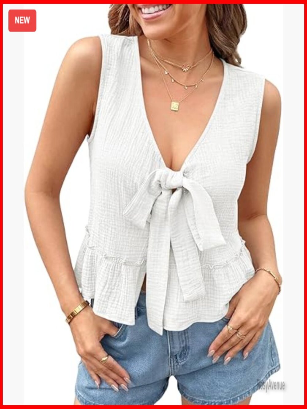 V Neck Bow Tie Front Sleeveless Babydoll Tank Top Peplum Flowy Summer Blouse